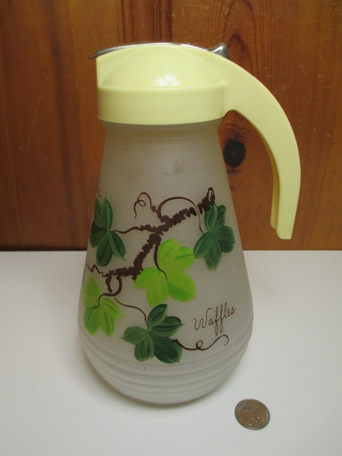 Vintage Hazel Atlas Frosted Glass Waffle Batter Syrup Pitcher Green Vines Lid