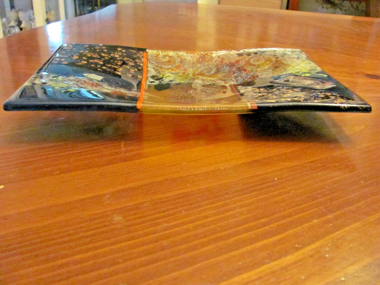STUNNING FUSED DICHROTIC ART GLASS ABSTRACT RECTANGULAR SERVING TRAY DISH 12″X8″