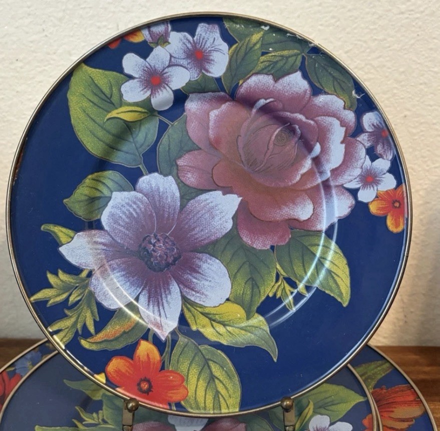 MACKENZIE CHILDs BLUE LAPIS FLOWER MARKET 8″ Enamel PLATES Retired