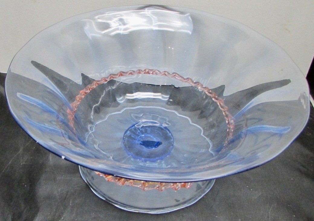 Murano Venetian Blue and Pink Footed Compote Bowl with Pink Rigaree 11 by 5