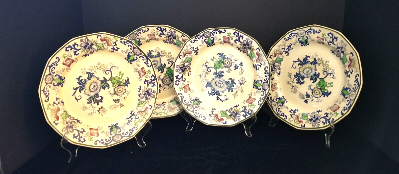 Doulton Burslem Porcelain Plates, Set of 4, Blue & White, 8″. England.