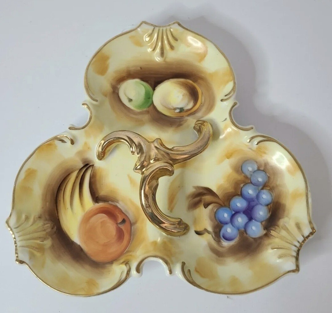 Enesco Divided Candy Nut Dish Server Gold Handle Painted Fruit Victorian Vintage