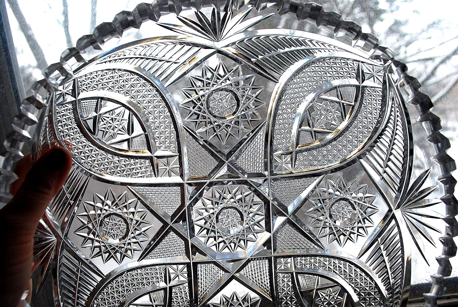 Antique ABP American Brilliant Period HOBSTAR CANE Hand Cut CRYSTAL BOWL 11.75″