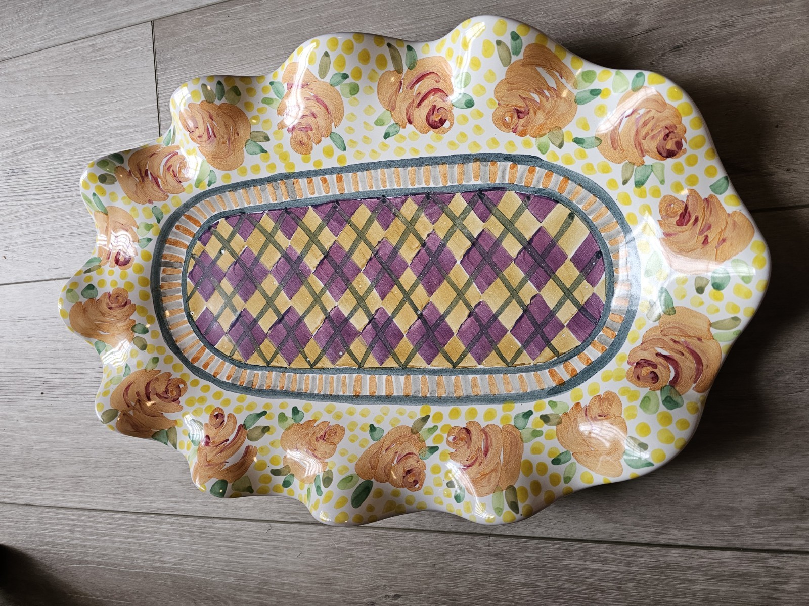 Hand Painted Large MacKenzie Childs Serving Platter Fluted Odd Fellows Retired