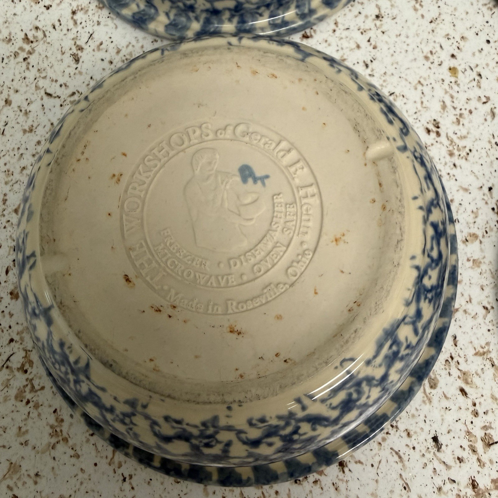 Blue Spongeware Pottery Roseville OH Cereal Soup Bowls 6.5″ Set of 4 USA Vintage