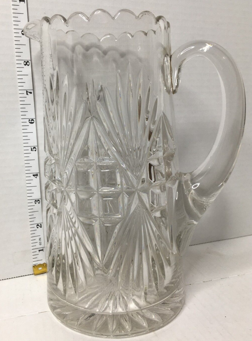 Retro Pressed Lead Glass Water Pitcher Clear Mid Century Modern Vintage 9″