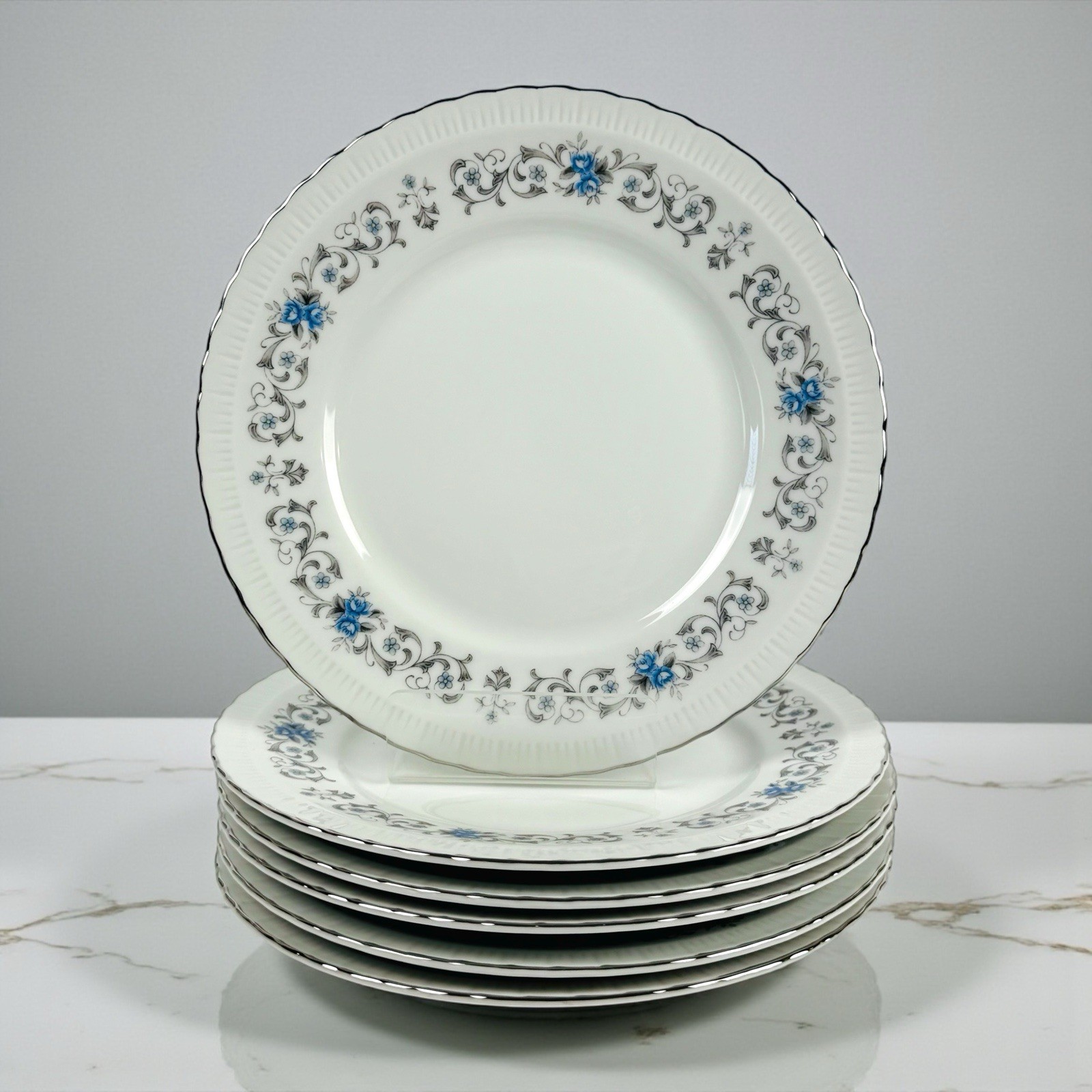 Harmony House Japan Minuet 7.5” Luncheon Plates Set Of 6 Blue Grey Flowers