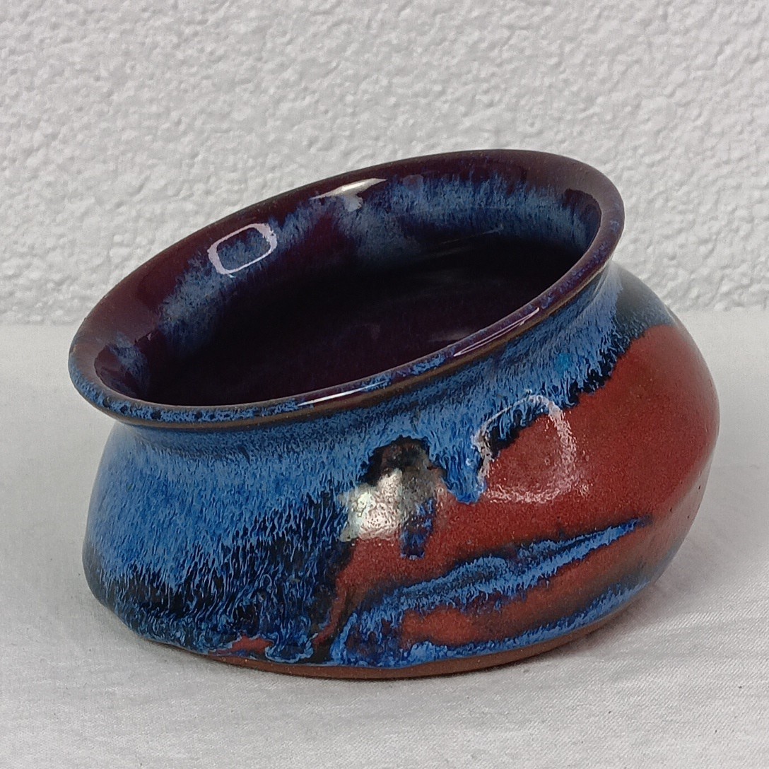 Art Pottery Studio Handcrafted Bowl Red Clay Blue Brown Glaze Slanted Angled