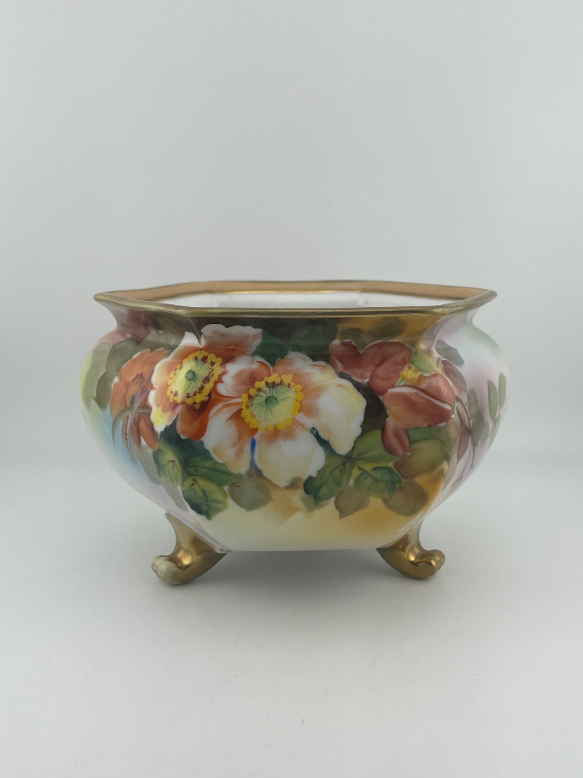 Antique Nippon Hand Painted Footed Bowl Floral Gold Trim Hexagon Pre-1921