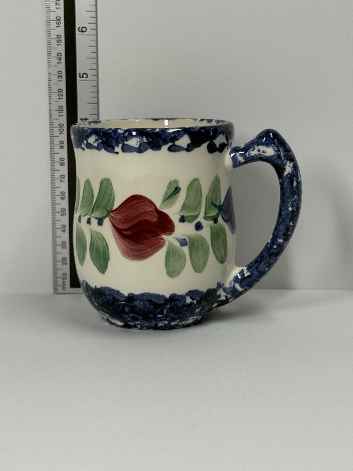 Vintage Gail Pittman Pottery Mug 1992 Hand Painted Floral Blue & Red 4.5” Signed