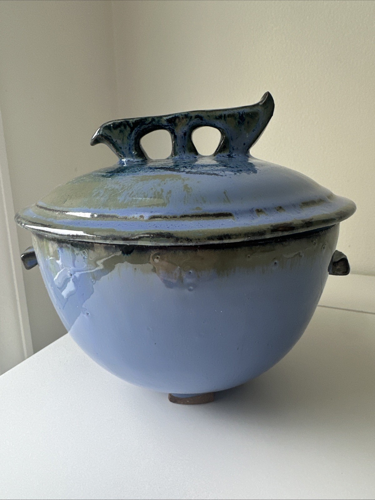 Vintage Studio Pottery Covered Bowl Blue Glaze Handmade Ceramic Dish