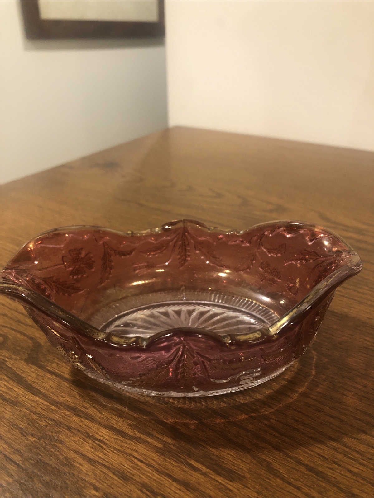 Vintage Purple Glass Bowl Floral Design with Gold Accents Oblong 5 1/2 Inches