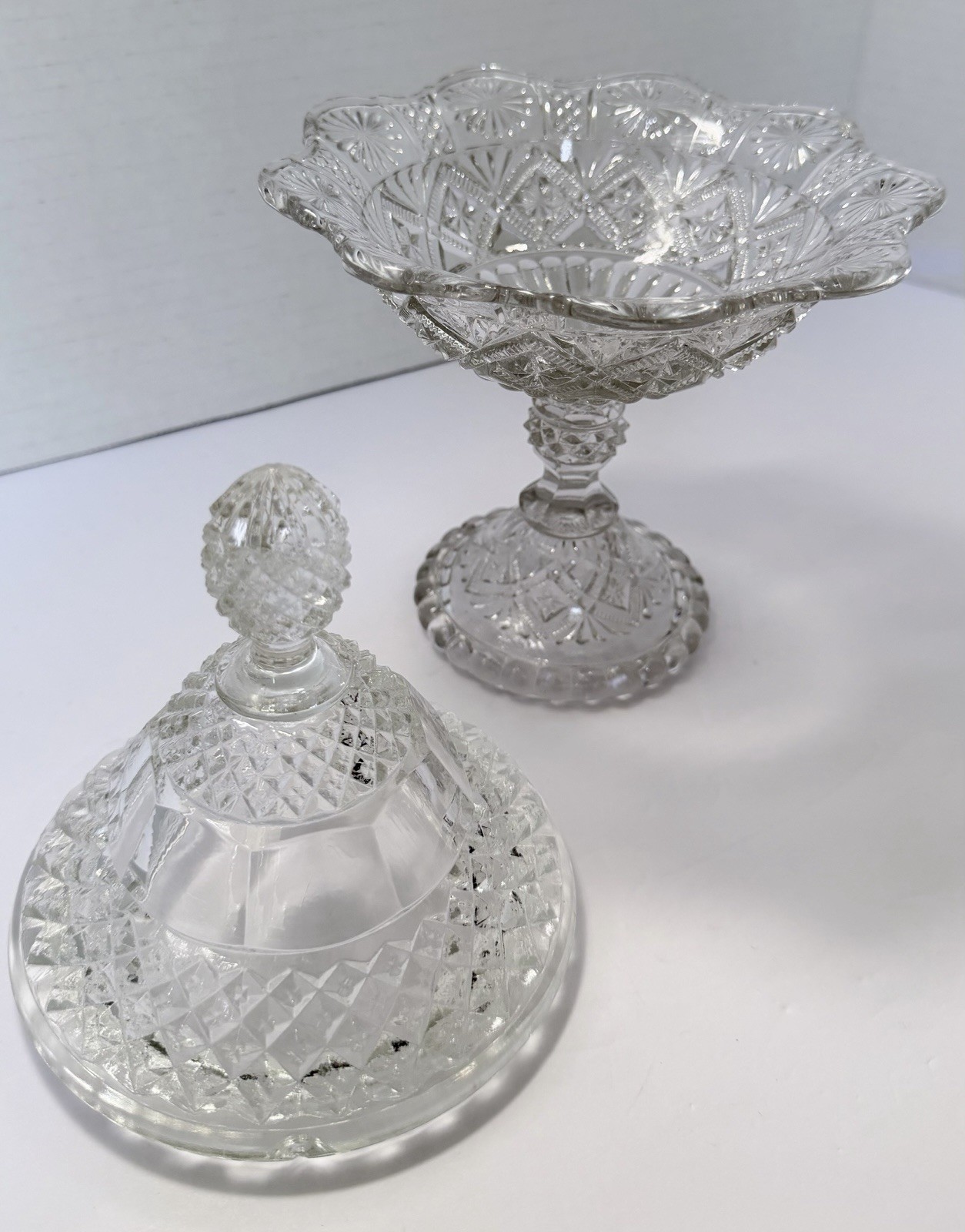EAPG Clear Pressed Glass Covered Compote Diamond Fan Pineapple Finial UV365 Glow