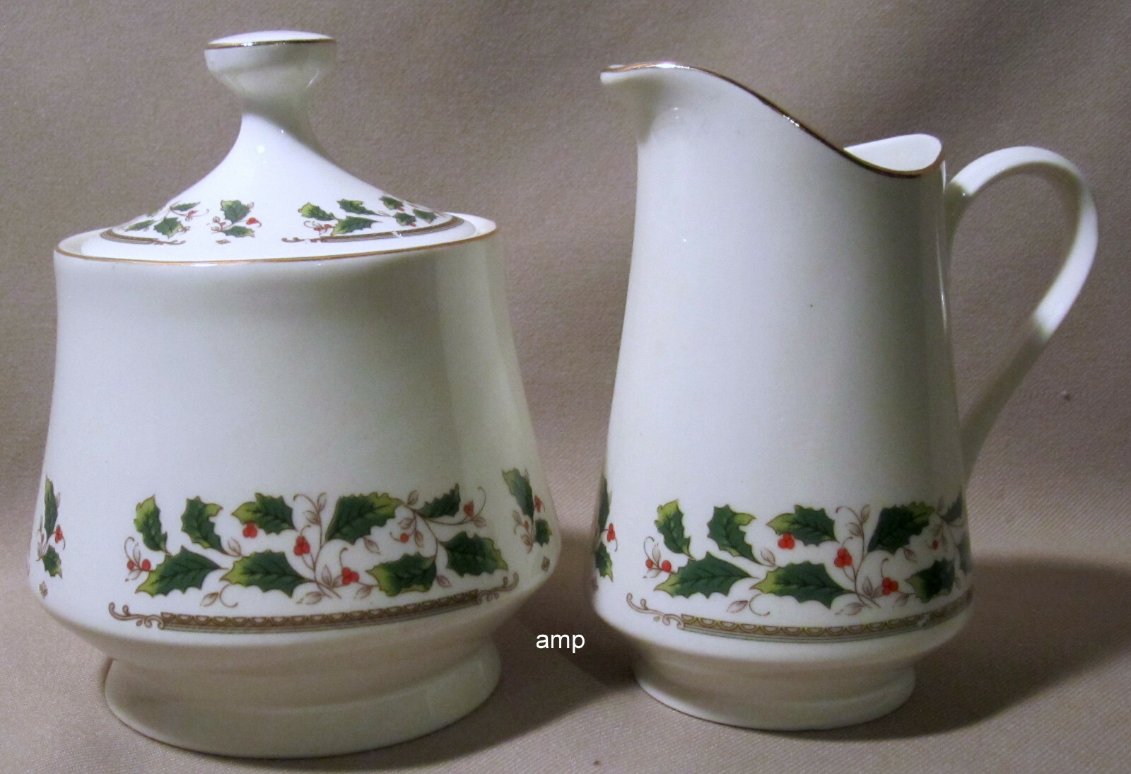 Holly Holiday Home for the Holidays Sugar Bowl & Creamer Set green backstamp