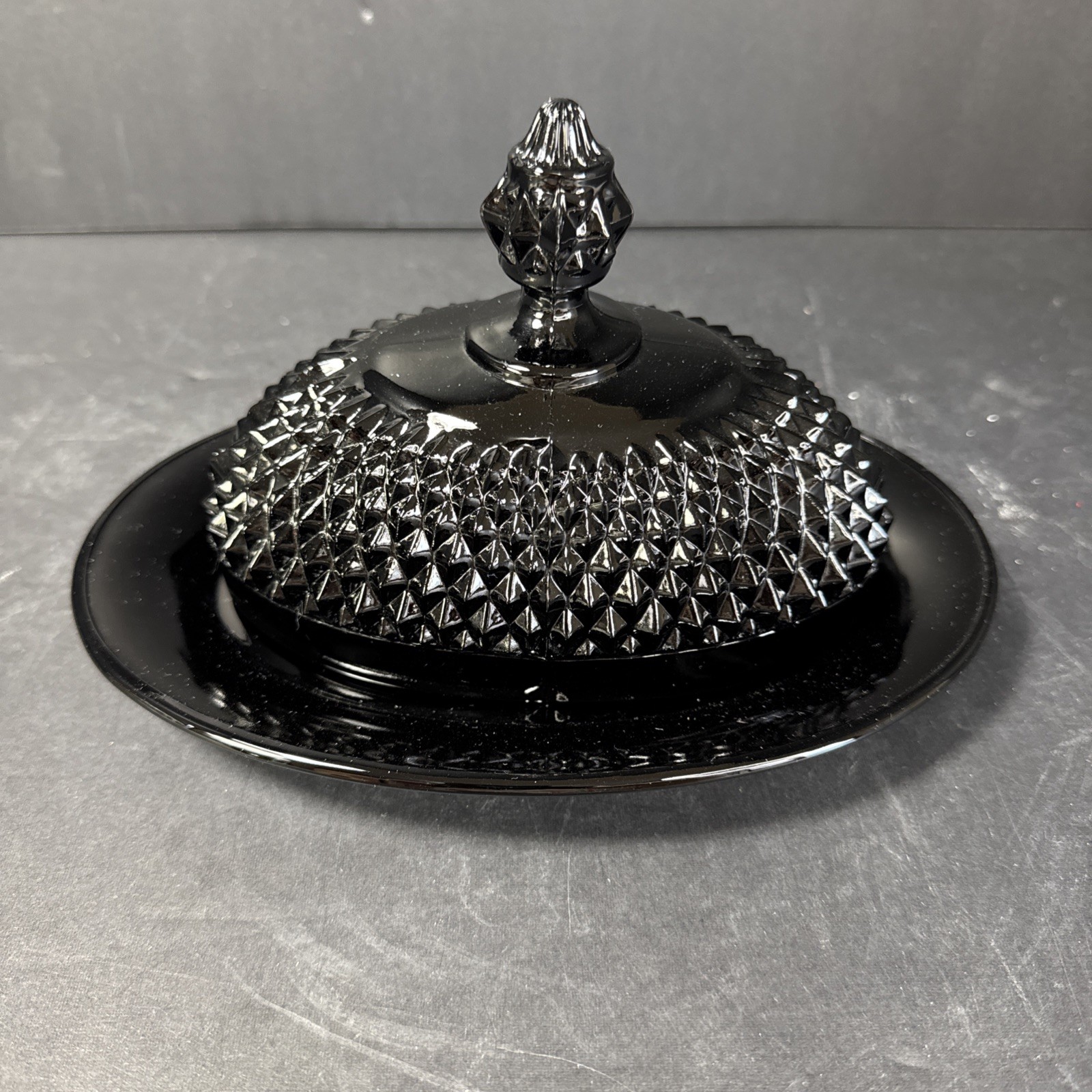 VINTAGE INDIAN BLACK AMETHYST GLASS, DIAMOND CUT, VAL COVERED BUTTER DISH