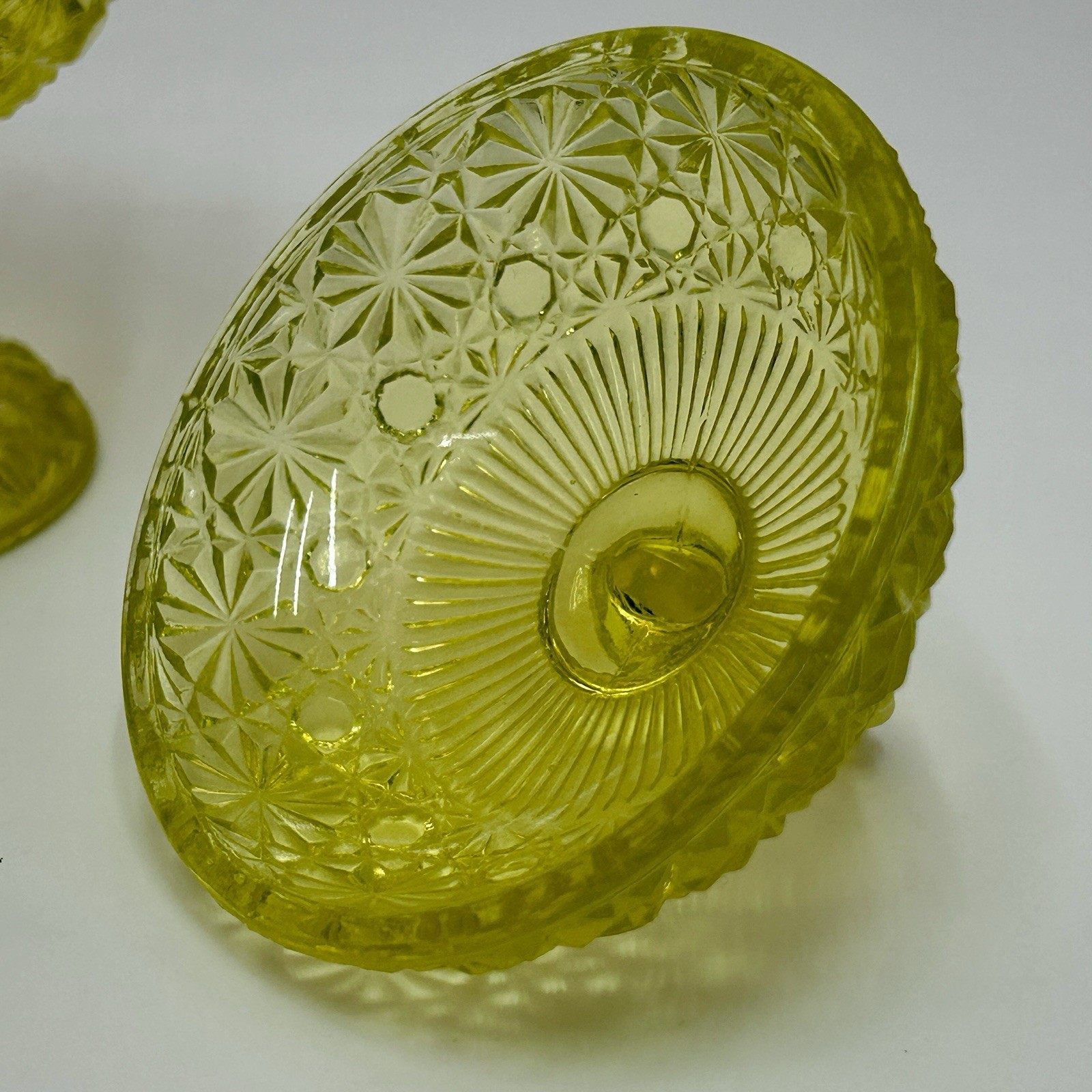L.G. Wright Fenton Daisy Button Yellow Vaseline Uranium Opalescent Compote VTG