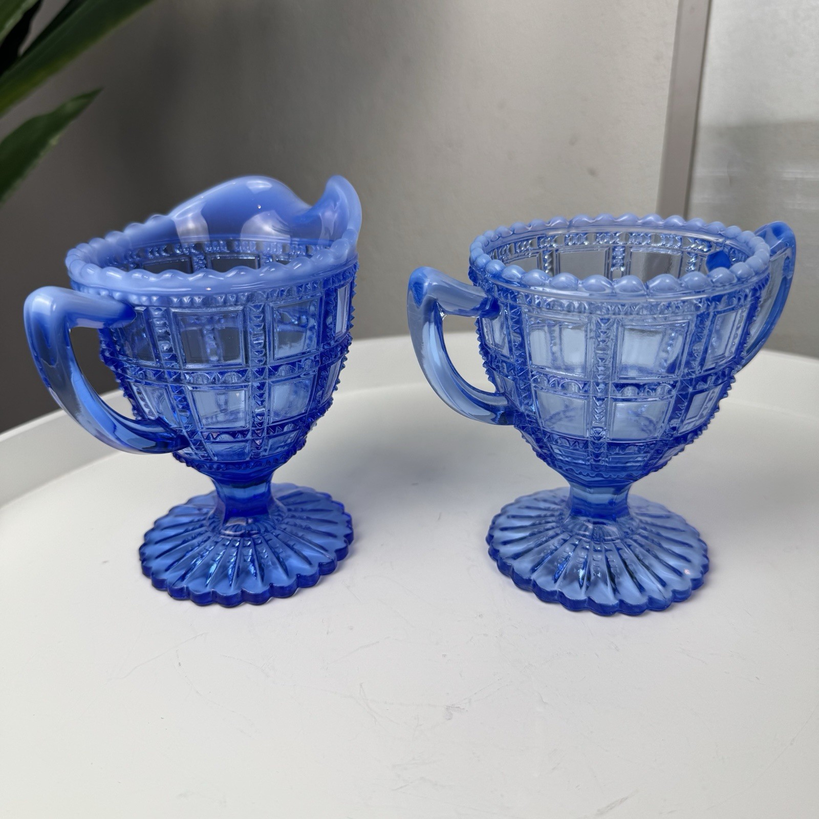 Vintage Deco Imperial Glass Beaded Block Blue Opalescent Cream & Sugar Set c1930