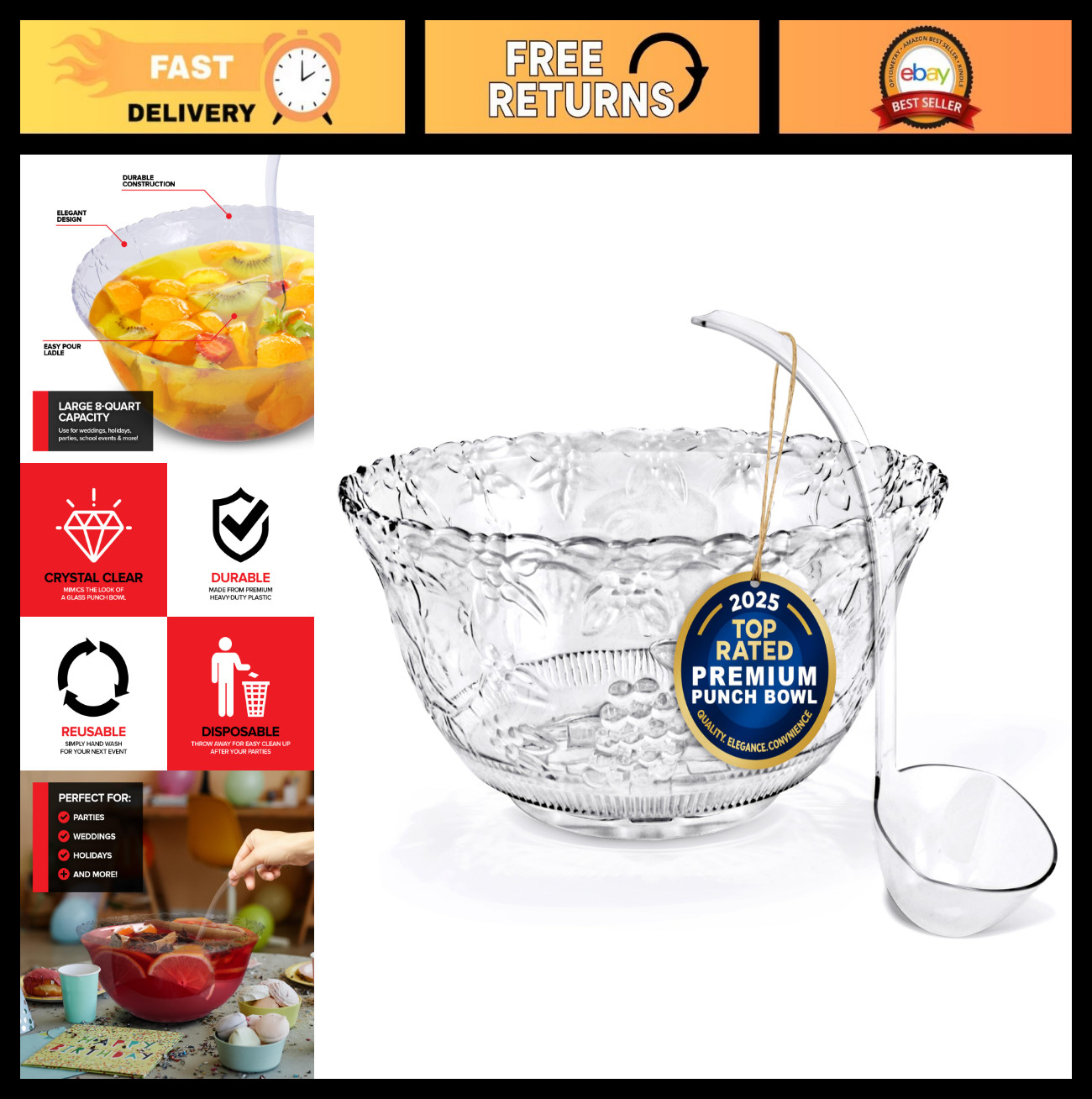 Premium Plastic Punch Bowl Set with Ladle – Fancy Disposable Party Bowls for Eve