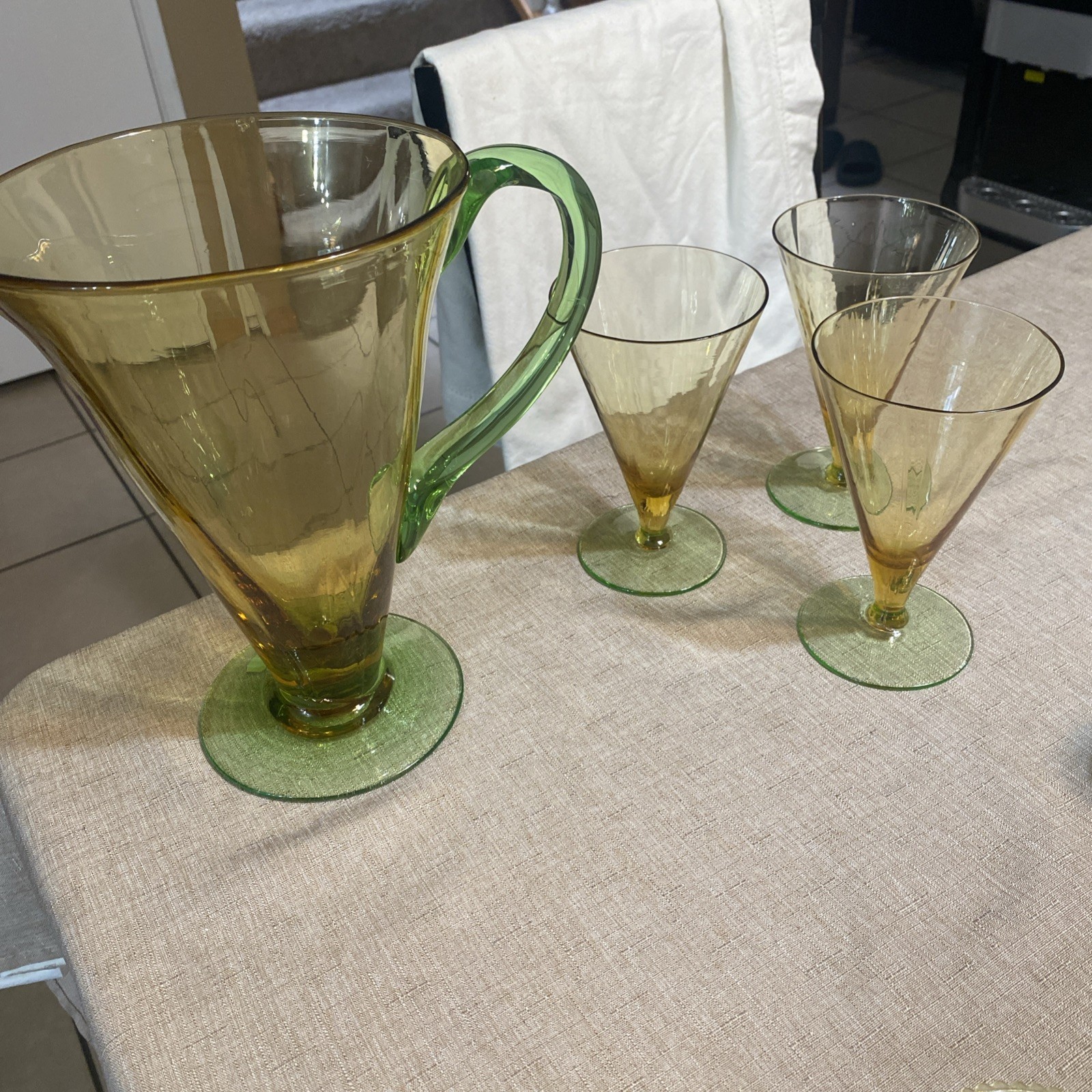 Antique Steuben & Carder Pitcher & 3 Glasses, Topaz Amber & Pomona Green Uranium