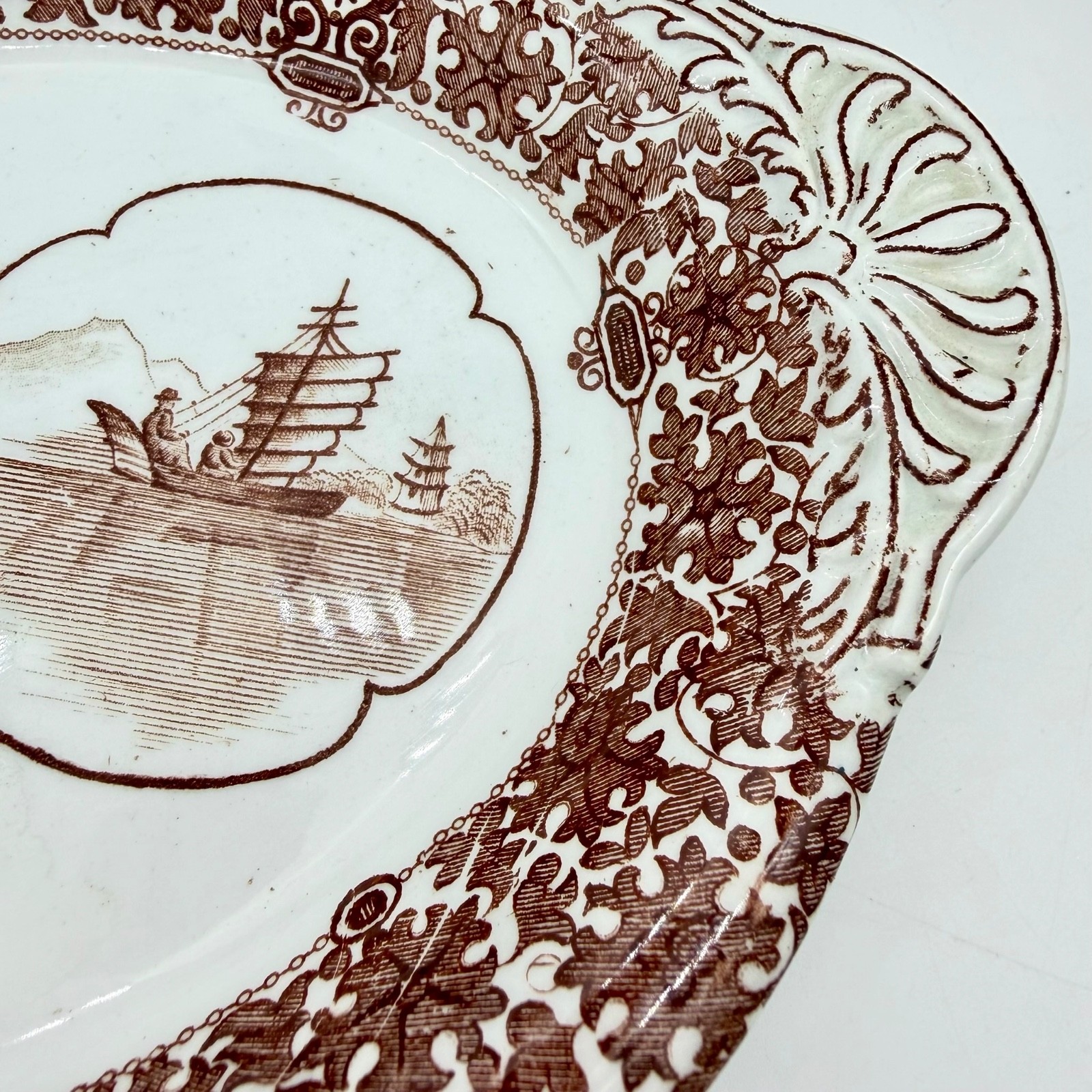 Antique Copeland Spode Aesthetic Brown Transferware Ship Small Platter Tray 1882