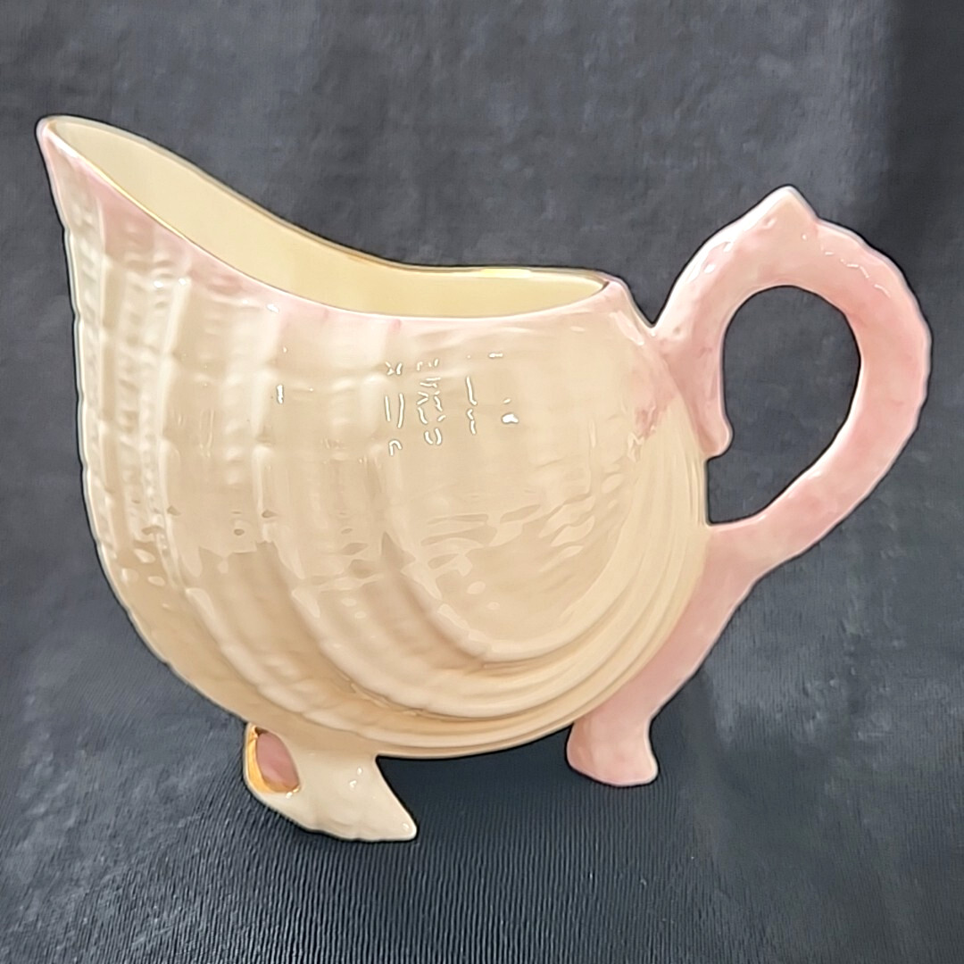 Belleek Ireland Neptune Pink Gold Trim Creamer Seashell Feet Pink Coral Handle