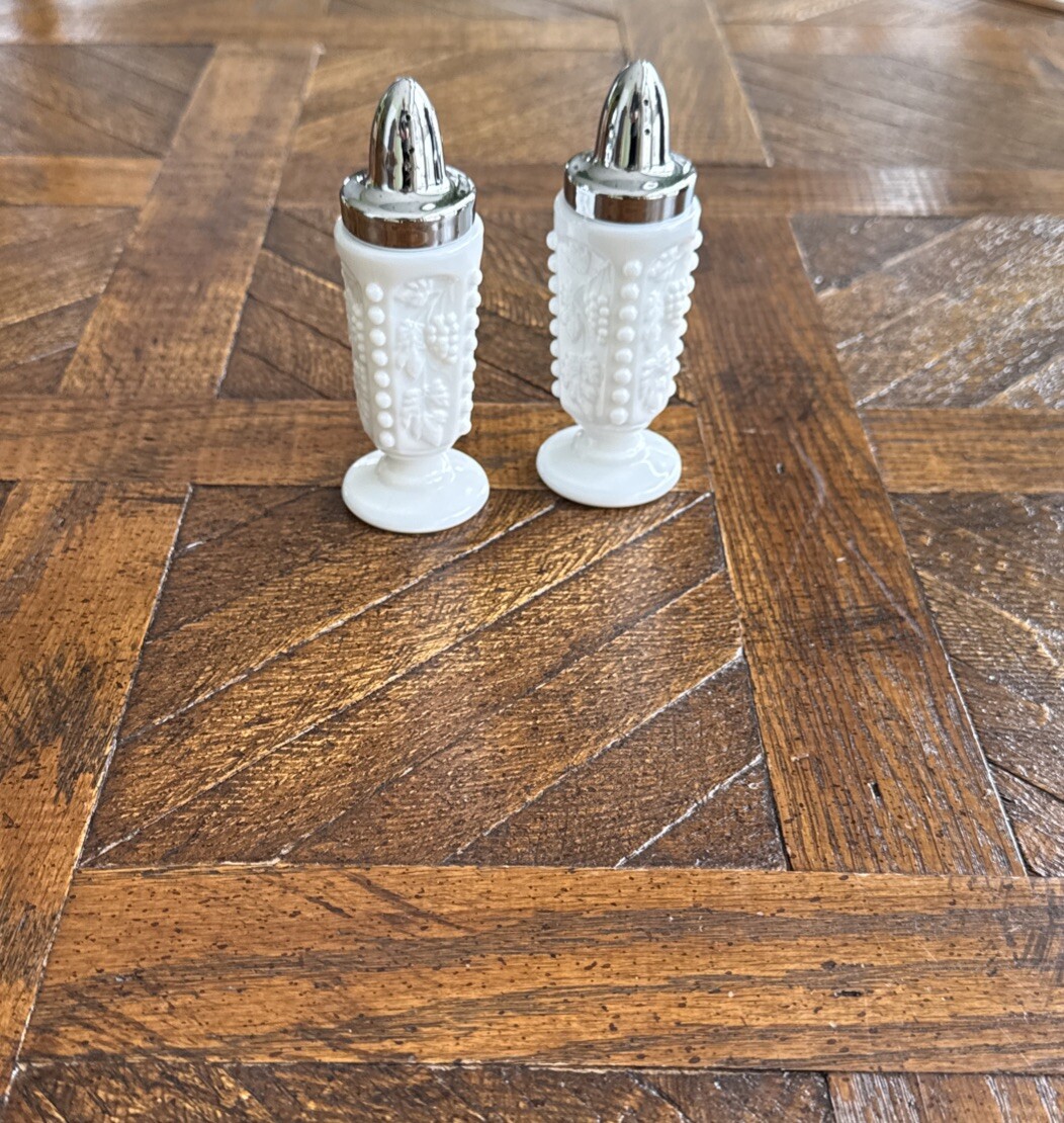 Westmoreland Salt and Pepper Shaker Bead Cable Grape Leaf White Milk Glass