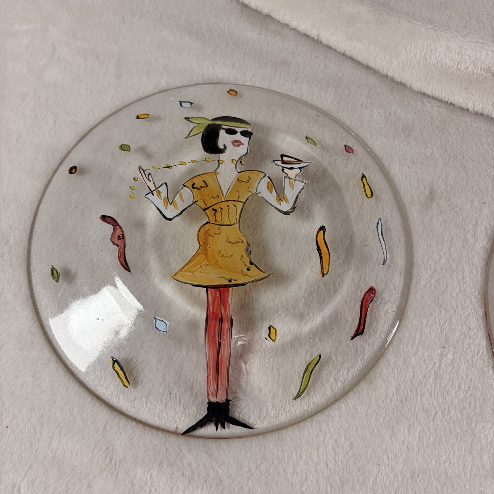Vintage Judie Bomberger Party Girls Glass Plates Set of 2 Unsigned Folk Art 7.5″