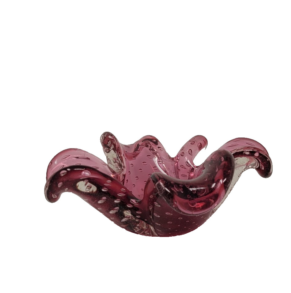 Vintage Mirano Bubble Dish 7″ Dark Pink Hand Blown Bulli Cante circa 1960 1970