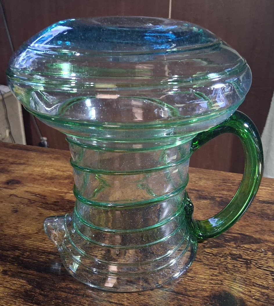 9″ Mexican Hand Blown Art Glass Pitcher Applied Green Threading & Handle Lg Base