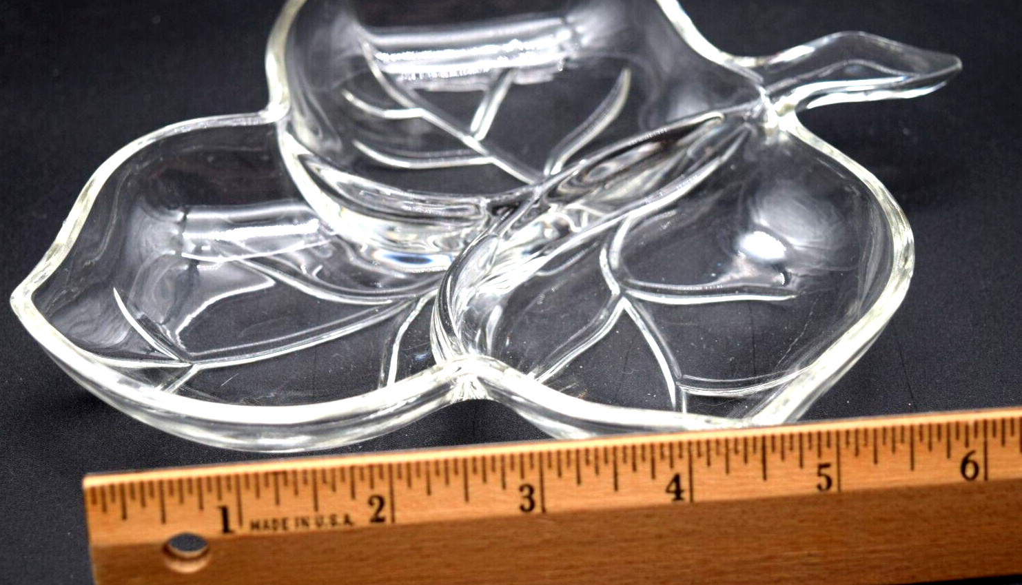 Vintage 8 In Maple Leaf Pattern Clear Glass Three Section Divided Candy Nut Dish