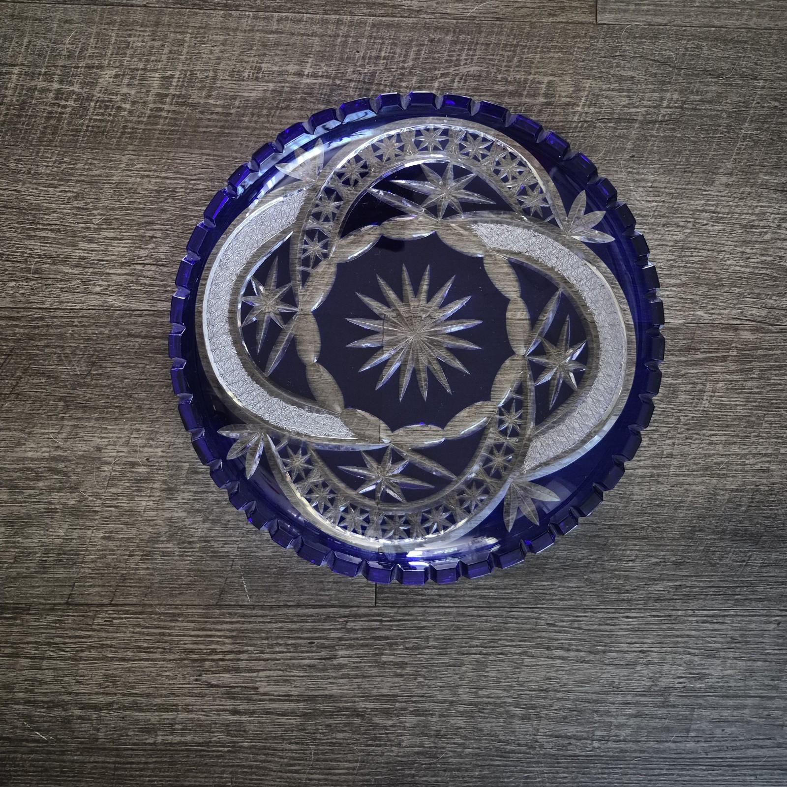 Czech Bohemian Cut to Clear Cobalt Bowl Lead Crystal 11” Centerpiece Vintage