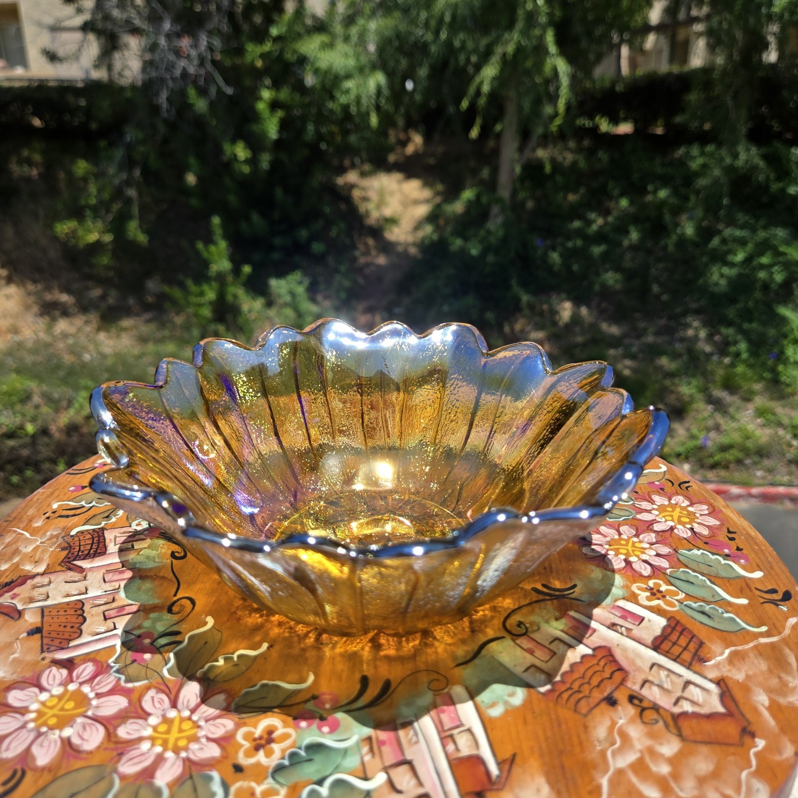 Vintage Indiana Iridescent Carnival Glass Marigold Sunflower Candy/Trinket Dish