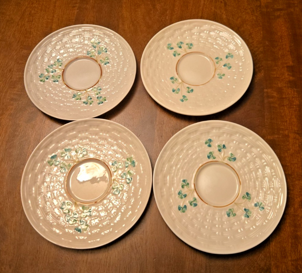 Belleek Basketweave Shamrock Saucers set of 4