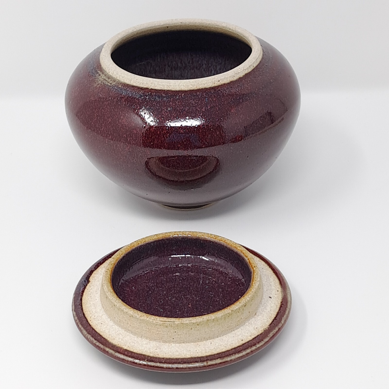 Stoneware Pottery Jar w/ Lid onion shape Deep Red w/ Blue signed