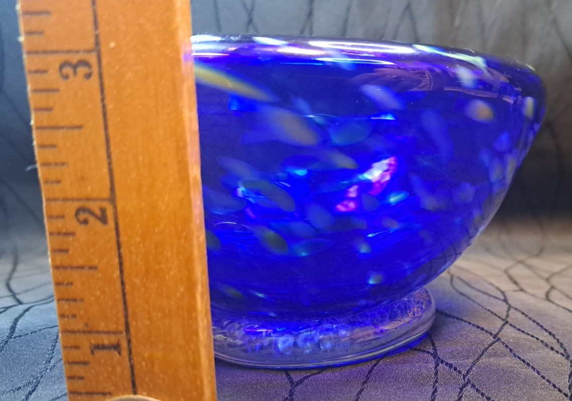 2018 Hilltop Hand Blown Art Glass Cobalt Blue Yellow Frit Bowl Signed