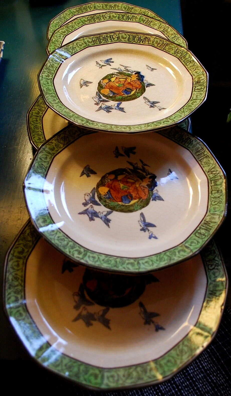 RARE Antique Set 6 Royal Doulton PIPING DOWN THE VALLEYS WILD Plates c1911 8.5″
