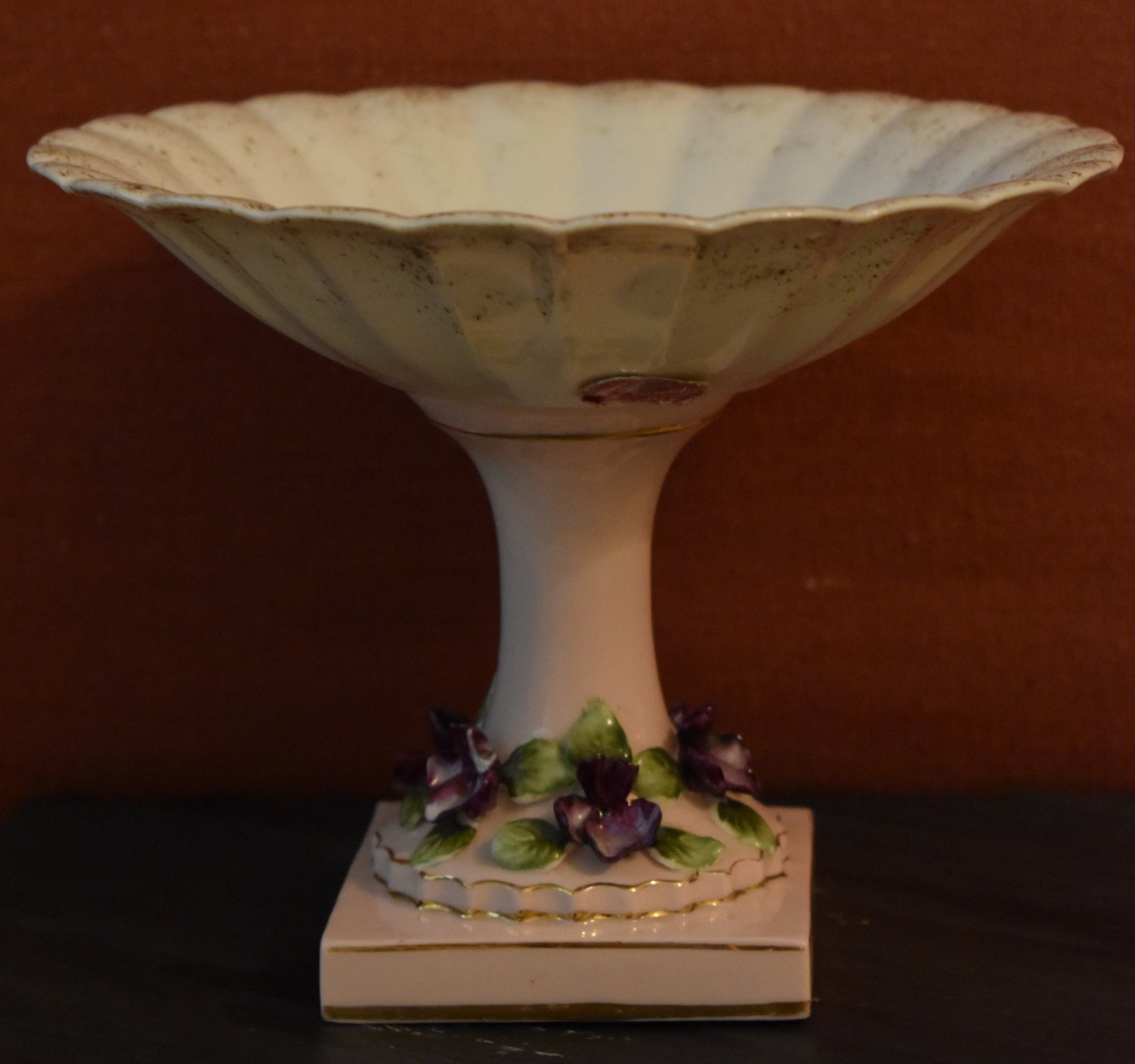 Vintage Handpainted Lefton China Pedestal Compote Bowl Violet Flower Accents