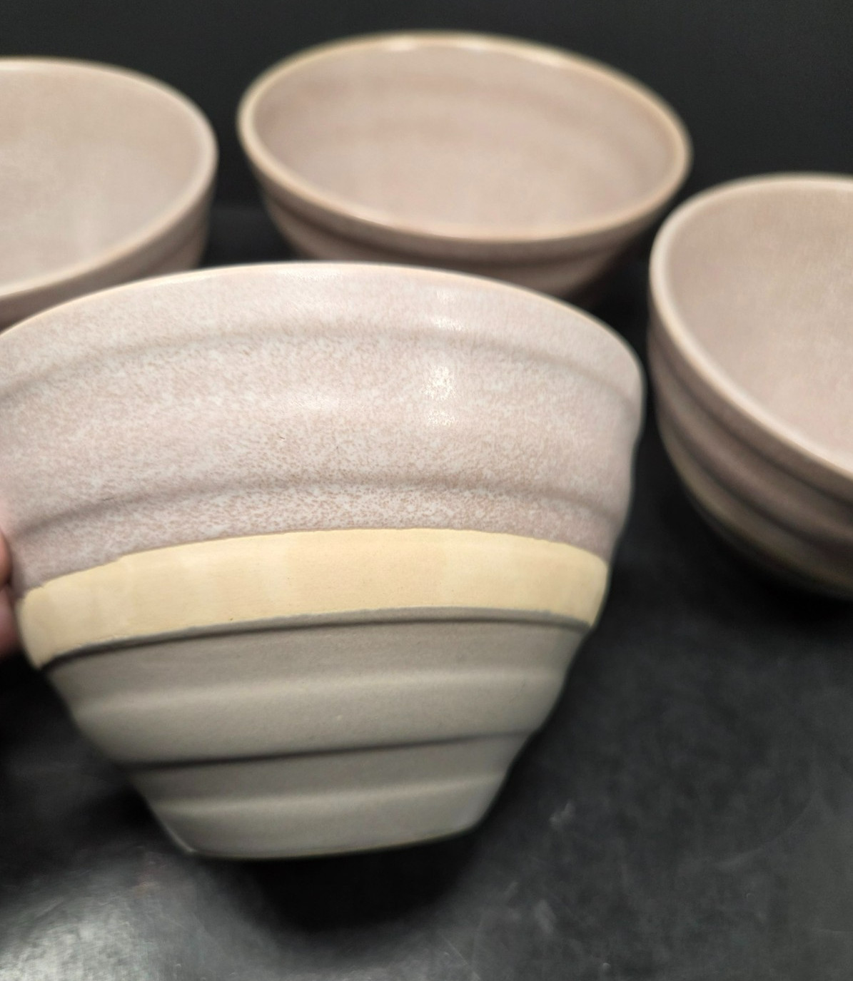 Baum Brothers HARPER Cereal Soup Bowls Mist Tan Blue Speckled Grey Band Set 4