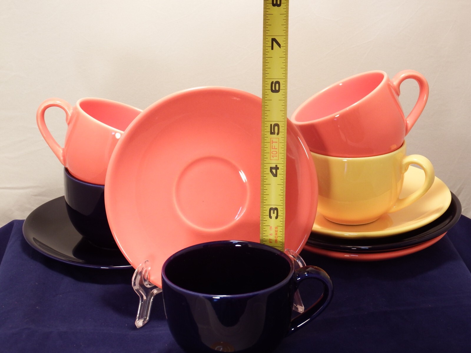 VISTA ALEGRE KERATABLE COBALT BLUE YELLOW ORANGE (5) CUPS & SAUCERS EXCELLENT