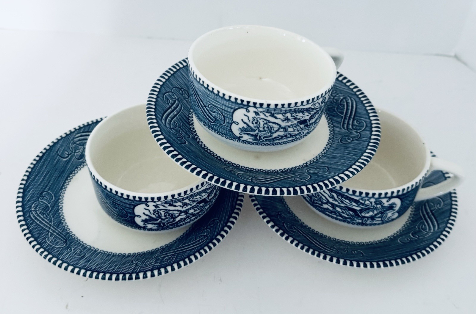 Currier & Ives Blue Royal China Coffee Tea Flat Cups With Saucers Lot of 2 Sets