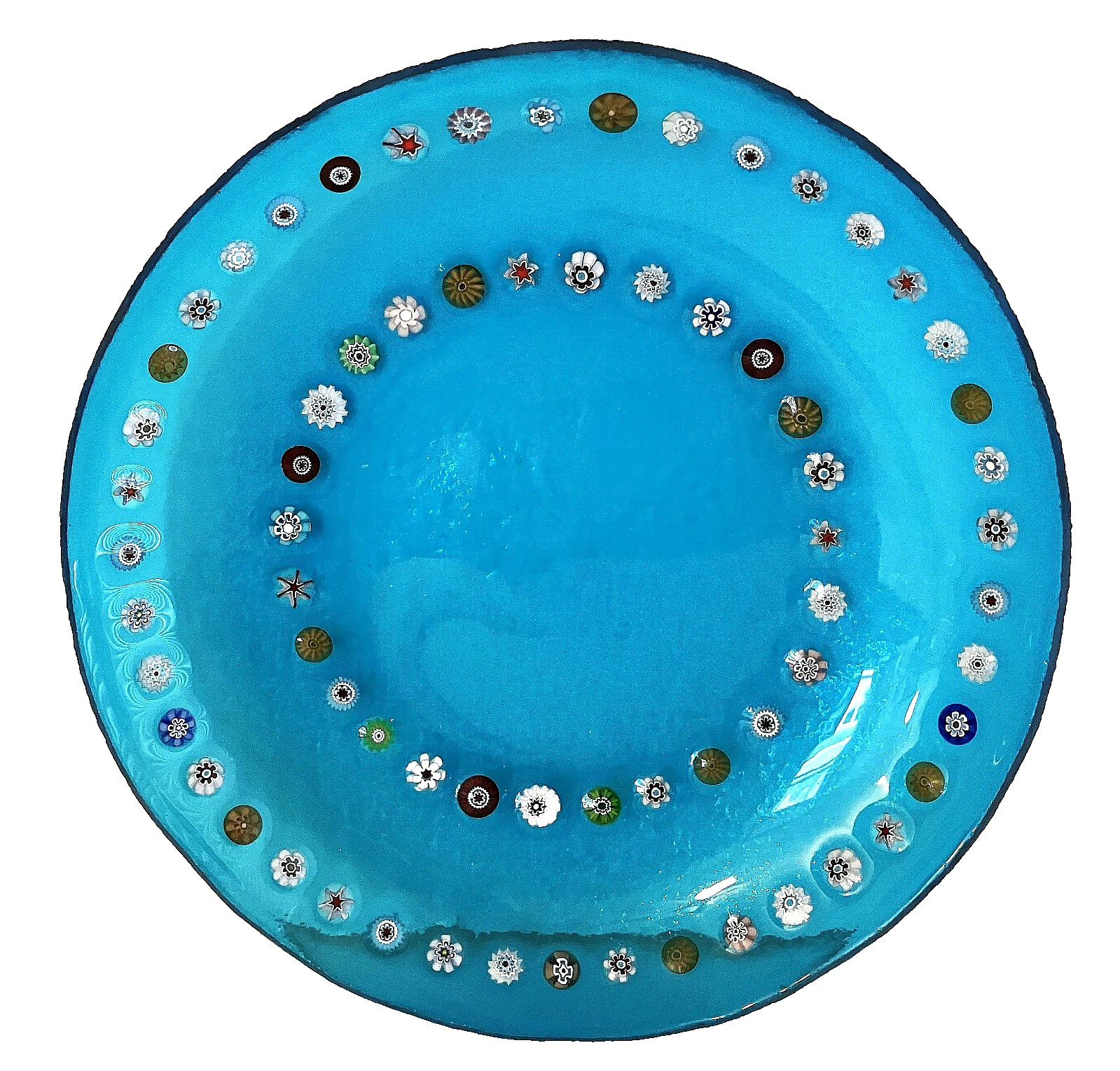 Murano Art Glass Millefiori Serving Plate Blue w/Multi Color Flowers 7.25″ diam