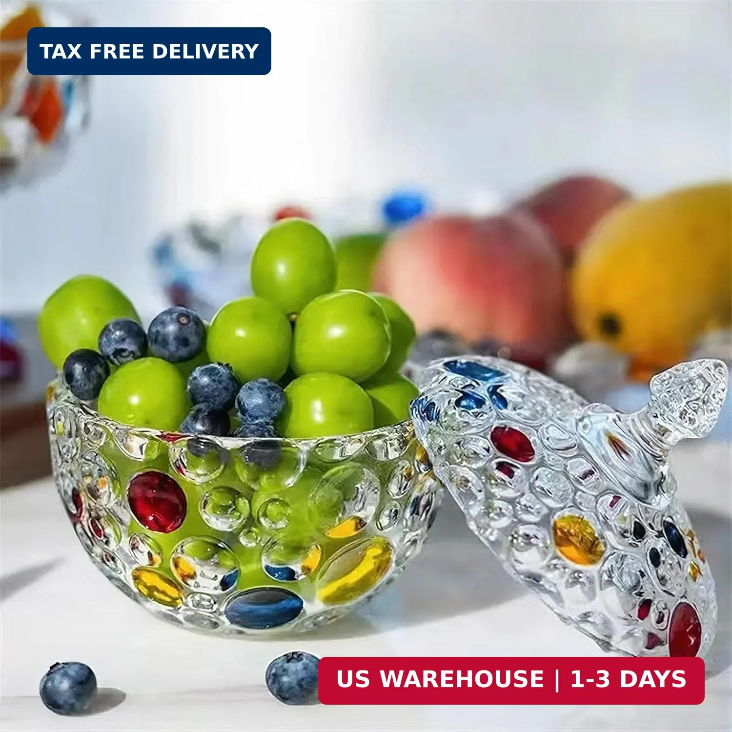 Colorful Glass Candy Jar, Elegant Hand Painted Candy Server Crystal Candy Bowl w