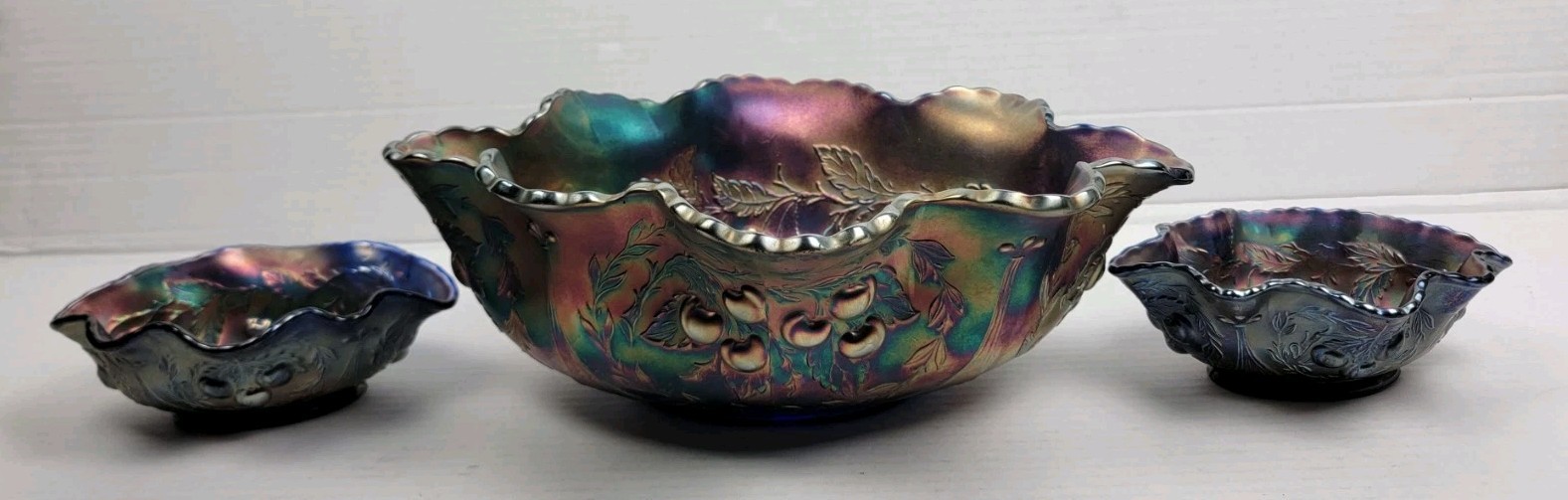 Carnival Glass Dugan WREATHED CHERRY Amethyst Oval Bowl Purple Ruffled Lot Of 3