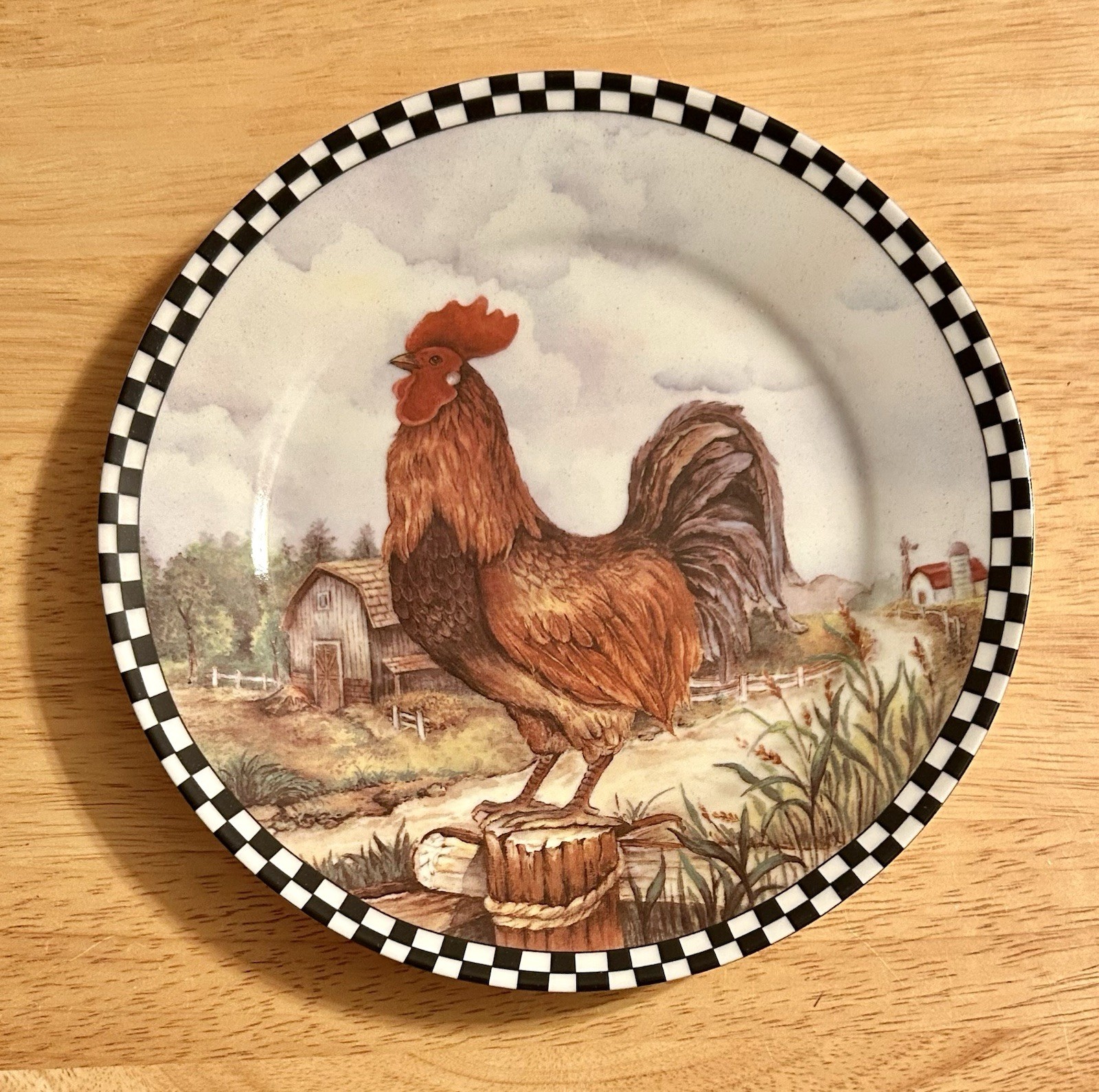 NEW 8” Rooster Farm Barnyard Decorative Plate Black White Plaid Checkered Border