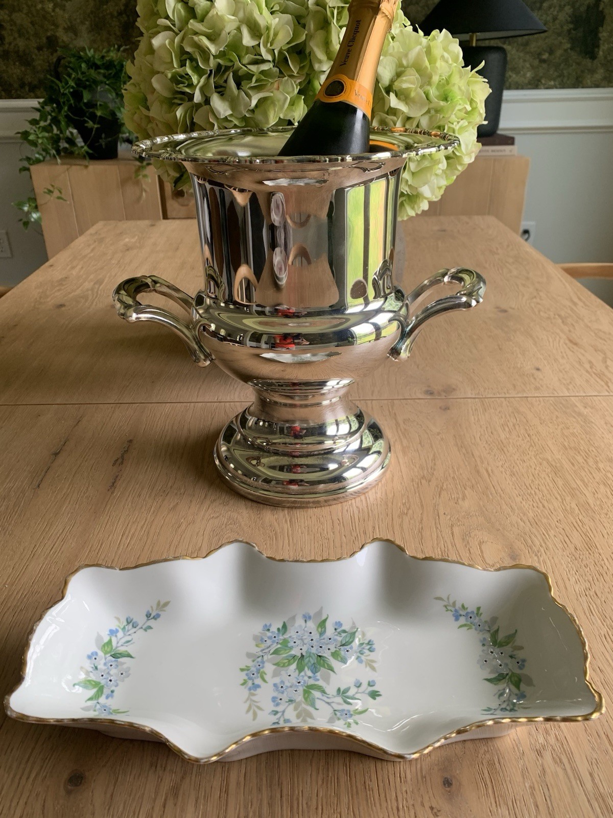 Limoges France White Porcelain Rectangular Floral Tray Blue Green Gold Trim