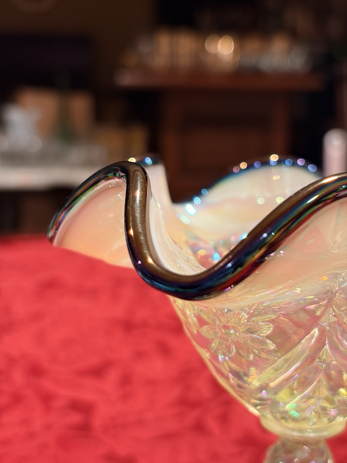 Fenton Topaz Vaseline Uranium Glass Daisy Feather Compote Black Crest Ex Cond