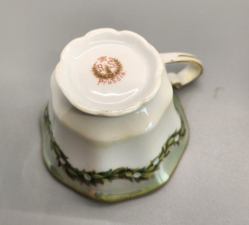 Antique R.S. Prussia (Red Mark) Small Teacup & Saucer Green Floral Garland C1900