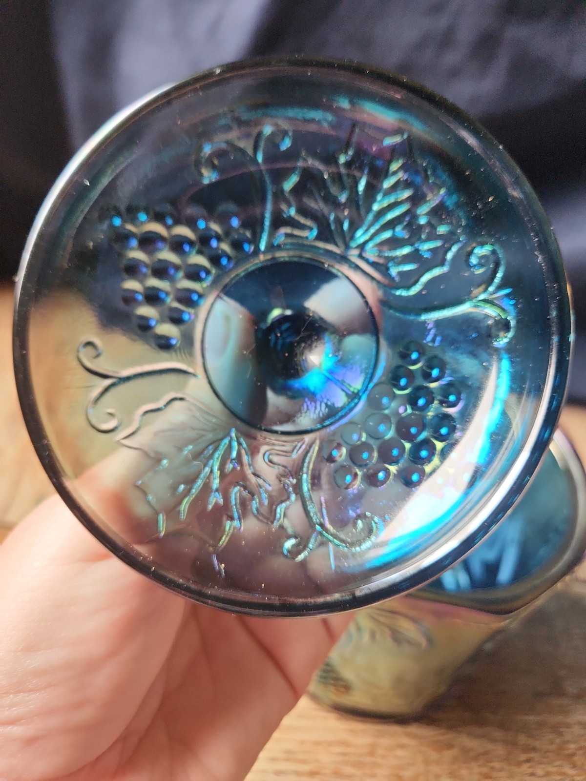 Indiana Blue Grape Harvest Carnival Glass Candy Dish Canister Iridescent W/lid