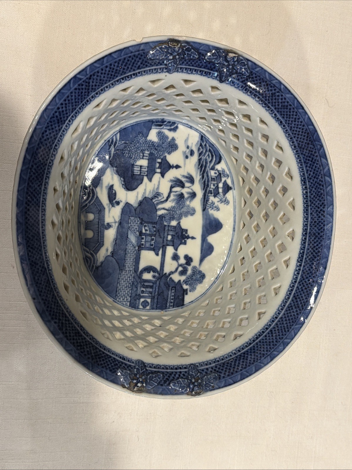 Rare Reticulated Canton Blue and White Chestnut Bowl Antique Transferware