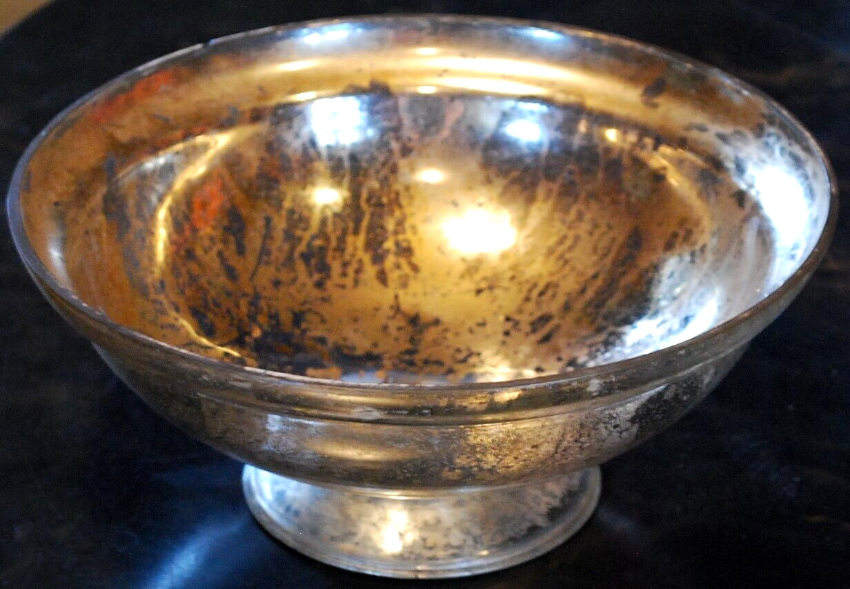 Antique Victorian SILVERED MERCURY GLASS BOWL Pedestal Base HAND BLOWN 9.25″